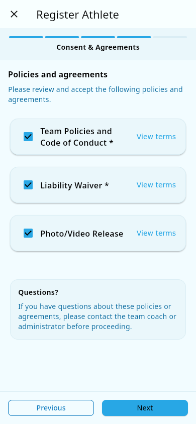 Registration wizard Consent & Agreements step from a parent's view