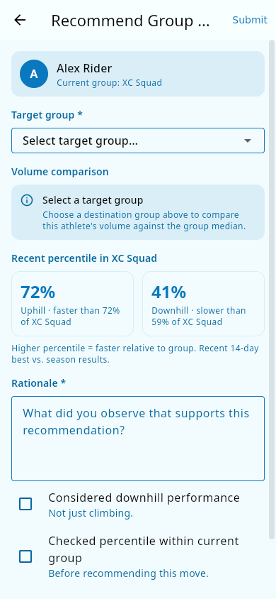 Group Change Request form: athlete and target-group picker