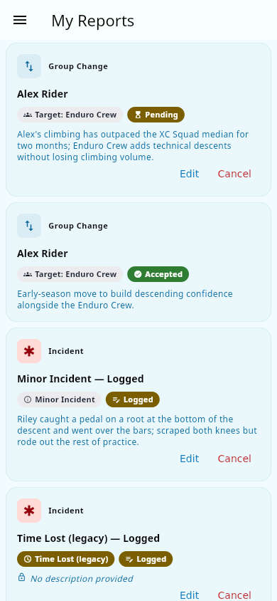 My Reports showing a pending and an accepted request
