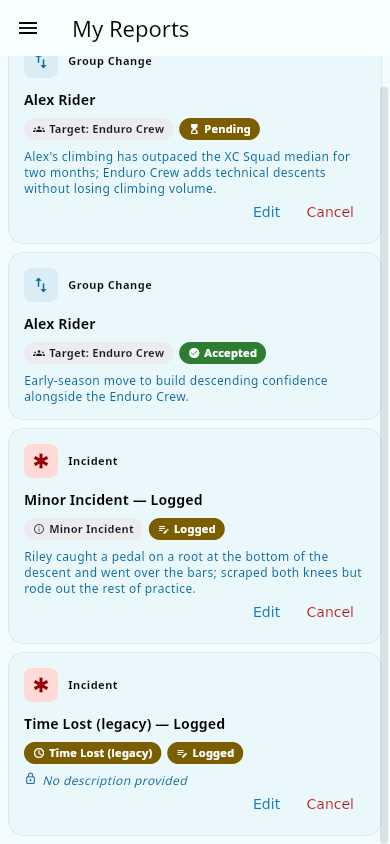 A pending request in My Reports with Edit and Cancel actions