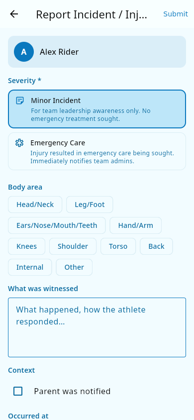 Incident form with the severity tier cards and body-area chips