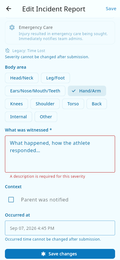 Editing a legacy Time lost report: the description is required