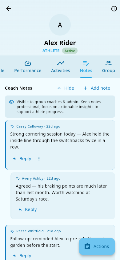 The coach notes feed on an athlete's page