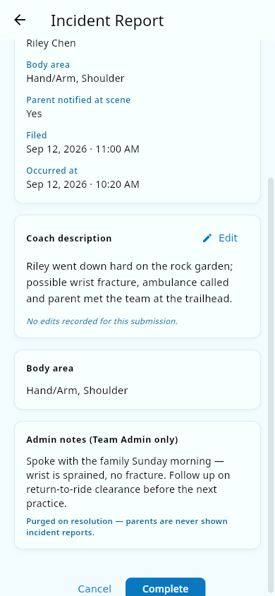 Deciding an incident report: admin notes and the action bar