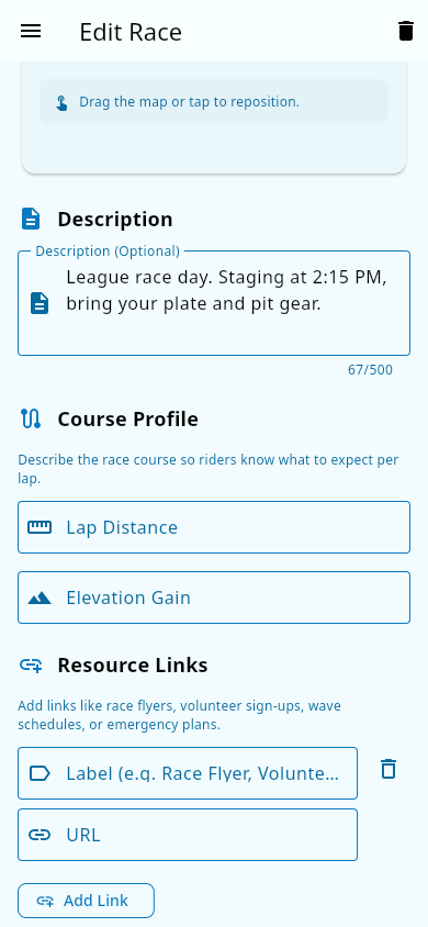 Labeled link added in the event form