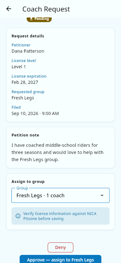 Deciding a coach request: the requested group preselected, with coach counts