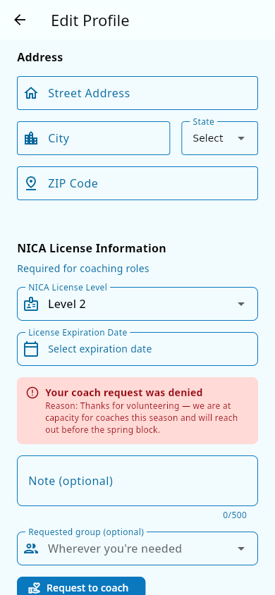 The coach request area in Edit Profile
