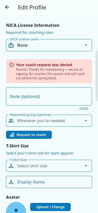A declined coach request showing the admin's reason