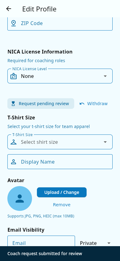 A pending coach request on the profile