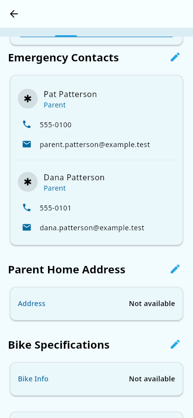 Emergency Contacts cards on a child's page