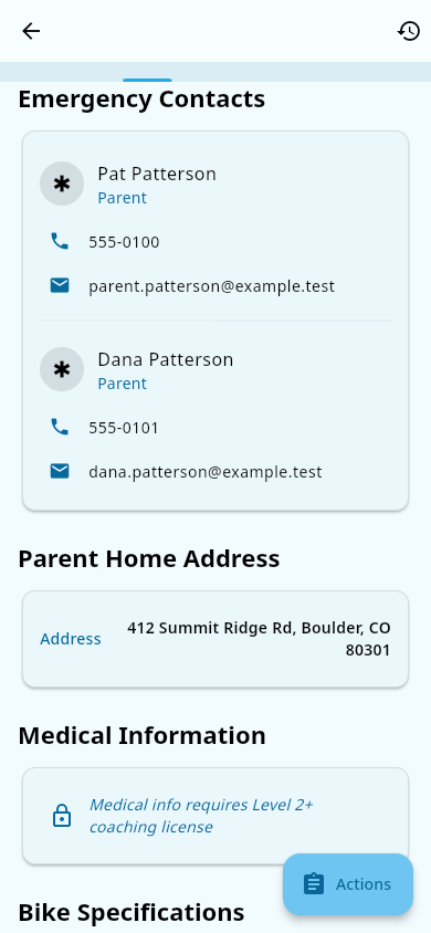 Member detail screen with medical info and emergency contacts