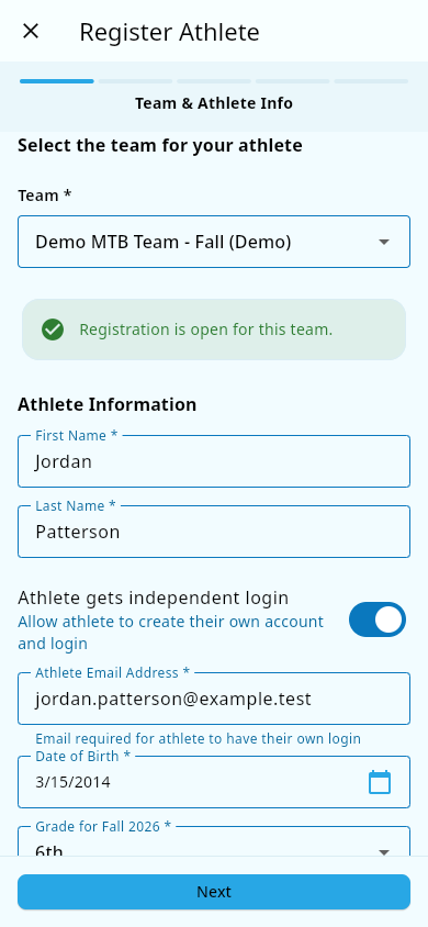 Step 1: team picker and athlete name
