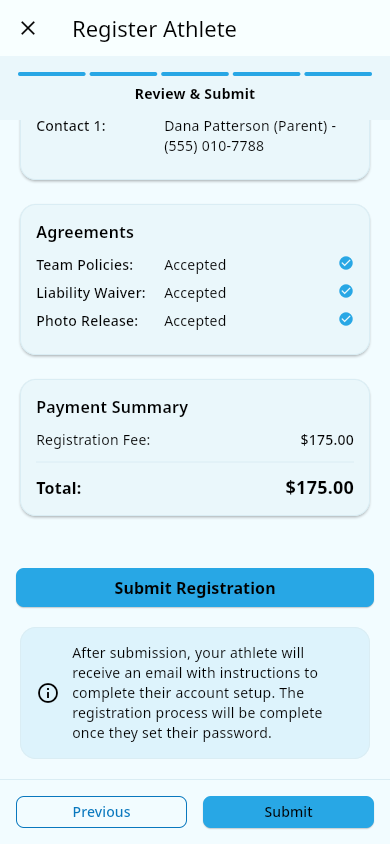 Payment summary with the team fee
