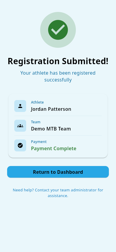 Registration complete confirmation