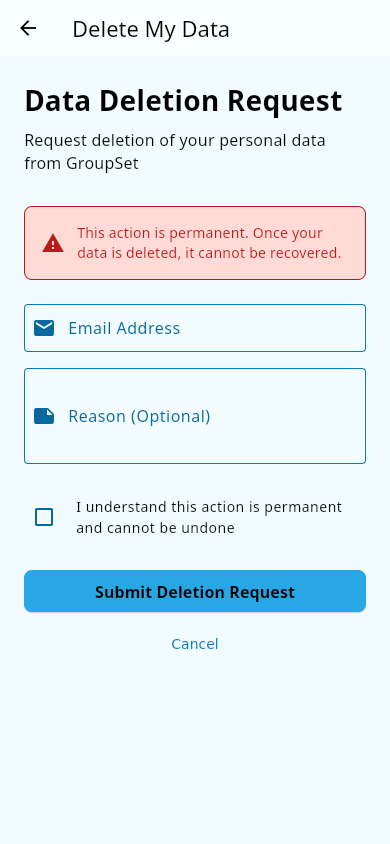 Delete My Data screen