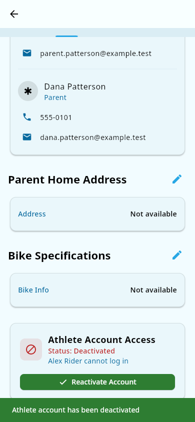 Athlete Account Access card deactivated