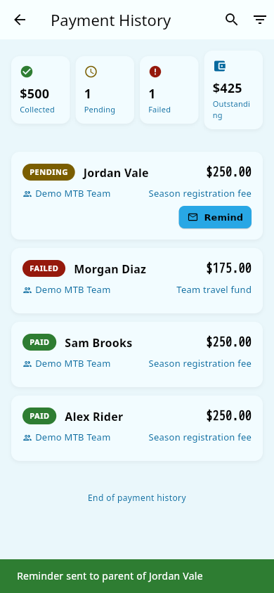 Payment history with the Send reminder action